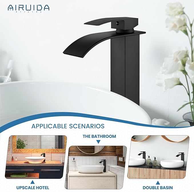 Airuida Vessel Sink Faucet Matte Black, Tall Waterfall Bathroom Faucet, Single Handle One Hole Mixer Bowl Tap with Large Rectangular Spout, Bar Sink Faucet Lavatory Vanity