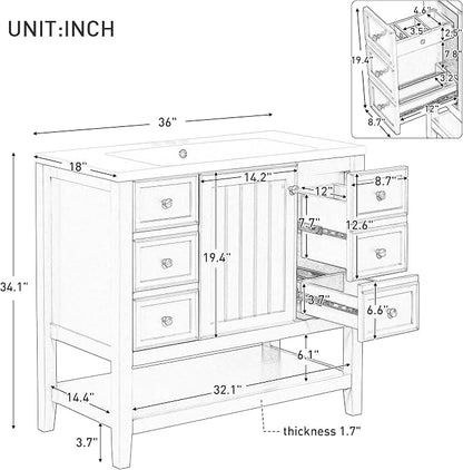 36" Bathroom Vanity with Sink Combo,One Three Drawers,Multi-Functional Solid Wood Cabinets Frame w/Adjustable Shelf & Silver Round Knobs,Stainless Steel Hinges,Blue