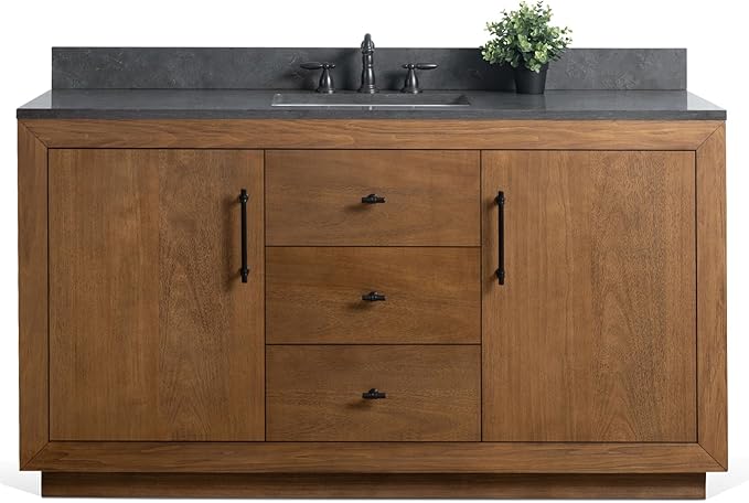 HOMEBEYOND 60" Bathroom Vanity with Single Sink & Ceramic Top, MDF Material Vanity Cabinet with Basin Combo, Soft-Closing Doors, Removable Shelf, Backsplash, Tan