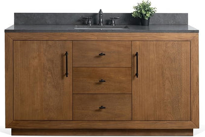 HOMEBEYOND 60" Bathroom Vanity with Single Sink & Ceramic Top, MDF Material Vanity Cabinet with Basin Combo, Soft-Closing Doors, Removable Shelf, Backsplash, Tan