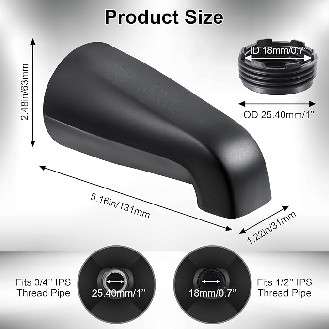 Dreyoo Universal Bath Tub Spout with Adapter, 5" Bathroom Bathtub Faucet Spout Without Diverter, Fits for 1/2'', 3/4'' IPS Inside Thread Connection and Tub/Shower Faucet Brands(Matte Black)