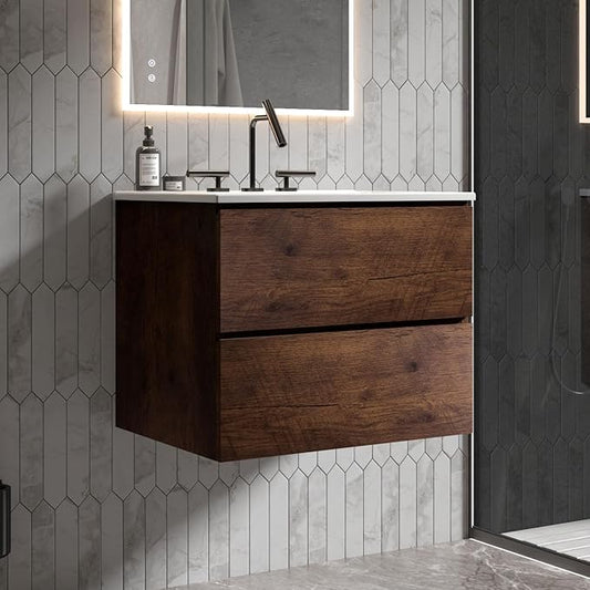 24" Bathroom Vanity with Sink, Modern Floating Vanity with Double Soft Closing Drawers, Large Storage for Small Space, Walnut, Fully Assembled - Iris Collection