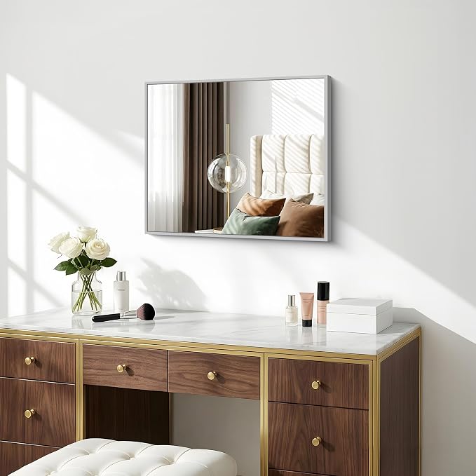 BONEWEI Silver Bathroom Mirror,20x24 inch Wall Mirror for Bathroom Wall Mounted,Rectangle Mirror for Bathroom Over Sink,Modern Metal Frame for Living Room,Bedroom Entryway,Horizontal/Vertical