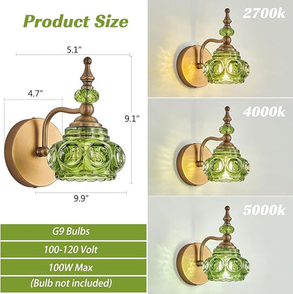 Vintage Wall Sconces Bathroom Vanity Lighting Fixtures Beautiful Wall Light with Green Glass Lampshade for Bedside Bedroom Doorway Bathroom