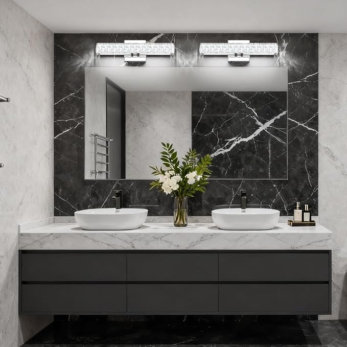 SOLFART Crystal Bathroom Vanity Lights Over Mirror, Chrome Bathroom Light Fixture, 16.5 Inch LED Lights for Bathrooms Vanity Lights for Bath Chrome