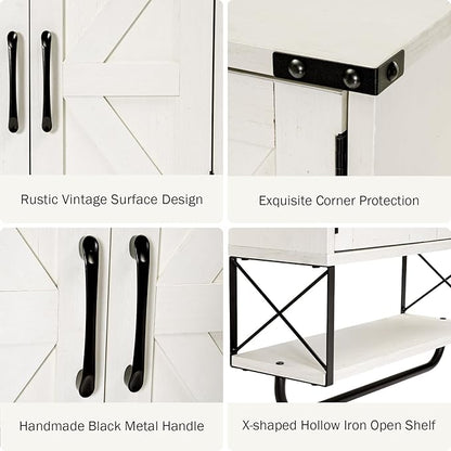 RUSTOWN Farmhouse Medicine Cabinet with 2 Barn Door, Wood Wall Mounted Storage Cabinet with Adjustable Shelf and Towel Bar, 3-Tier Bathroom Cabinet for Bathroom, Living Room(Vintage White, Medium)