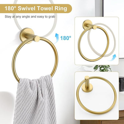 TQKAG Brushed Gold Bathroom Hardware Accessories Set 10-Pieces, Premium SUS304 Stainless Steel Bathroom Towel Bar Holder Set 23.6 Inch Round Towel Racks for Bathroom Wall Mounted