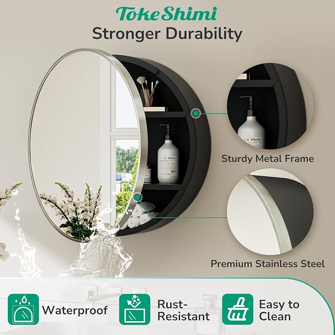 TokeShimi 20 x 20 Brushed Nickel Round Medicine Cabinet with Mirror, Circle Medicine Cabinet for Bathroom with Stainless Steel Metal Frame, Detachable Shelves, Shatterproof, Wall Mounted Only