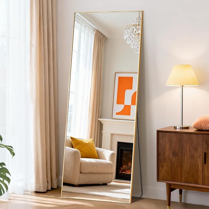 NEWBULIG Full Length Floor Mirror 58"x19", Body Standing Mirror | Wall Hanging or Leaning, Shatter-Proof Glass, Aluminum Alloy Frame with Stand, Home Decor Bedroom, Gold