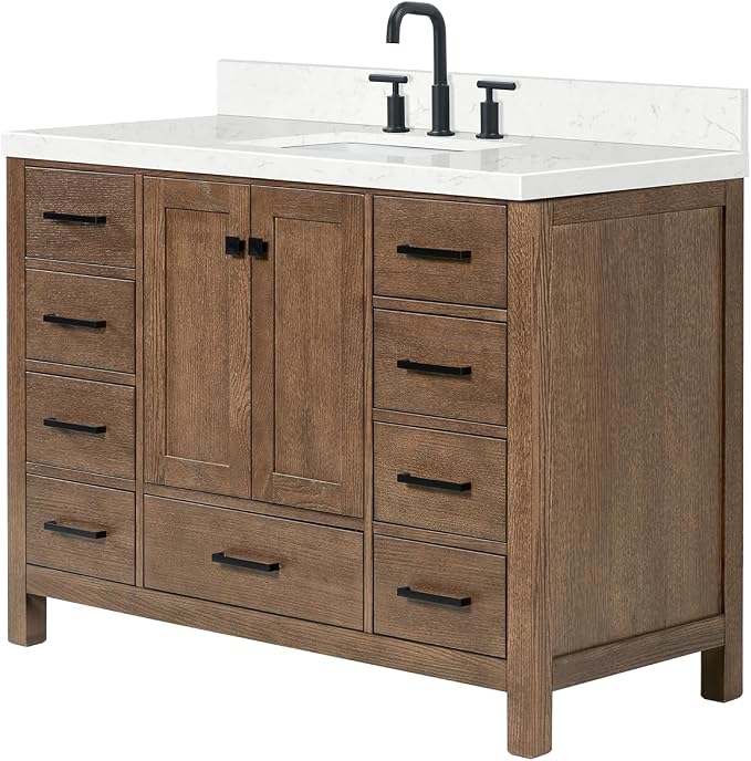 DKB Beckford 48-Inch Brown Oak Single Bathroom Vanity with Sink, 1.5-Inch Edge Carrara White Quartz Countertop & 4" Backsplash, Soft-Closing Doors & Drawers, Solid Oak Wood Construction