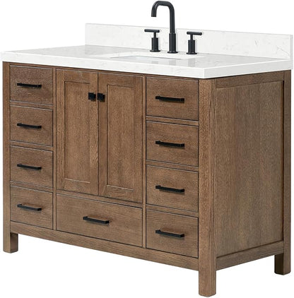 DKB Beckford 48-Inch Brown Oak Single Bathroom Vanity with Sink, 1.5-Inch Edge Carrara White Quartz Countertop & 4" Backsplash, Soft-Closing Doors & Drawers, Solid Oak Wood Construction