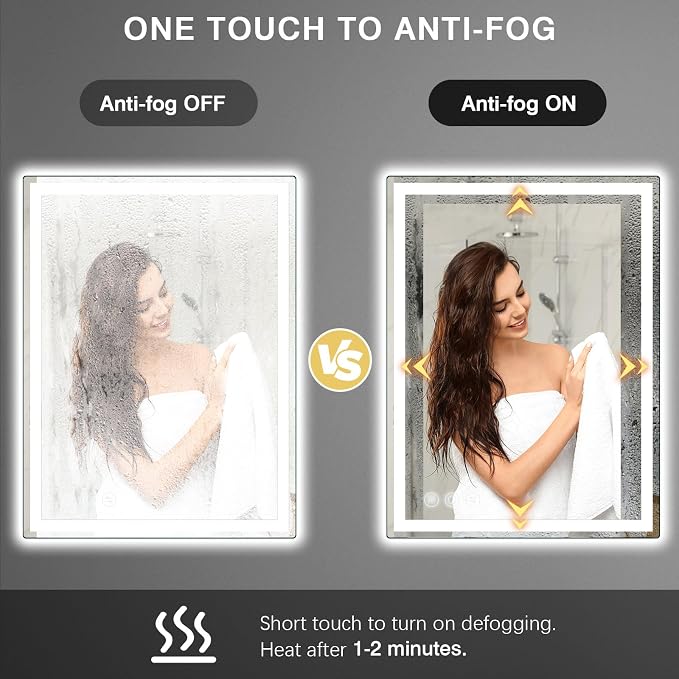 24" x 40" LED Bathroom Mirror with Lights, Memory Vanity Mirror | Anti-Fog, 3 Color Modes, Dimmable, Front Lit, Memory Function, Tempered Glass, Lighted Bathroom Mirror for Wall