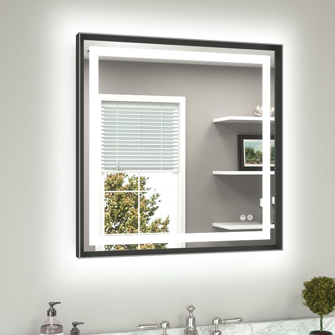 Led Bathroom Mirror 30 x 30 with Brushed Black Frame Anti-Fog Frontlit & Backlit Vanity Mirror Stepless Dimmable Lighted Mirrors for Bathroom Wall 3 Colors White/Warm/Natural Wall-Mounted