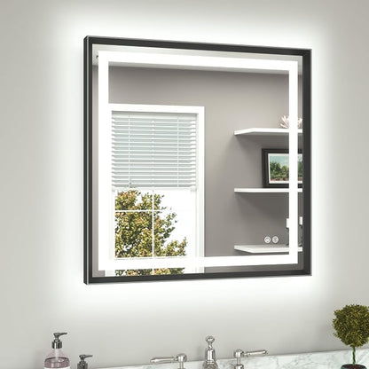 Led Bathroom Mirror 30 x 30 with Brushed Black Frame Anti-Fog Frontlit & Backlit Vanity Mirror Stepless Dimmable Lighted Mirrors for Bathroom Wall 3 Colors White/Warm/Natural Wall-Mounted