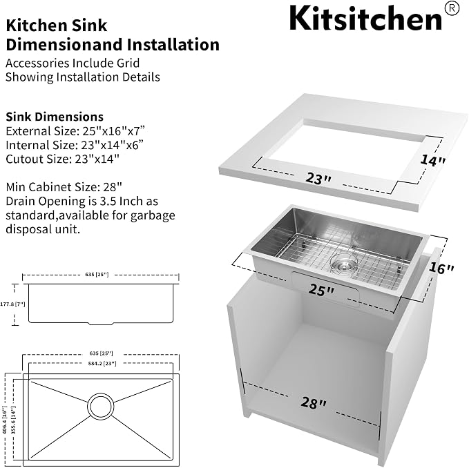 Kitsitchen Gold RV Kitchen Sink 25 x 16, Stainless Steel Single Bowl | 16 Gauge T304 Material Undermount Kitchen Sink, 7" Deep, with Strainer & Bottom Gird,for Outdoor, Bar, Laundry Room and RV