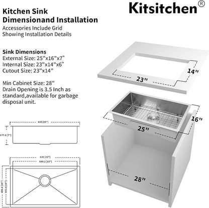 Kitsitchen Gold RV Kitchen Sink 25 x 16, Stainless Steel Single Bowl | 16 Gauge T304 Material Undermount Kitchen Sink, 7" Deep, with Strainer & Bottom Gird,for Outdoor, Bar, Laundry Room and RV