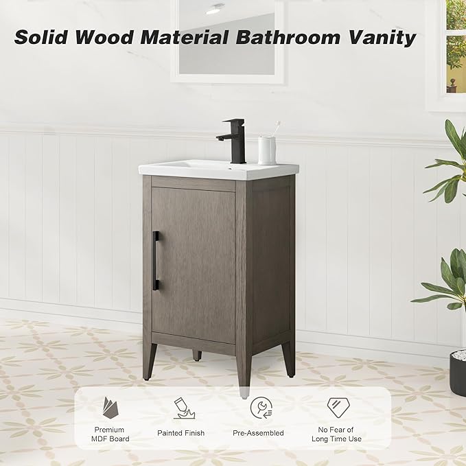 HomeBeyond 20 Inch Bathroom Vanity with Sink & Ceramic Top, Single Vanity Cabinet with Basin, Soft-Closing Doors & Matte Black Hardware, Driftwood Gray