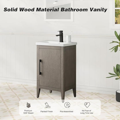 HomeBeyond 20 Inch Bathroom Vanity with Sink & Ceramic Top, Single Vanity Cabinet with Basin, Soft-Closing Doors & Matte Black Hardware, Driftwood Gray