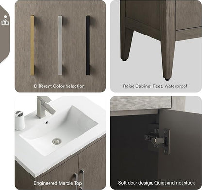 Vanity Art 30 inch Bathroom Vanity with Single Sink & Ceramic Top, Vanity Cabinet with Soft-Closing Doors, Solid Wood Frame, Driftwood Gray, VA9030-DG-BN1