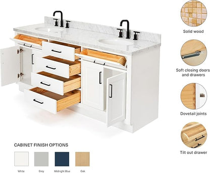 ARIEL Hepburn 72-inch Bathroom Vanity with Sink,Solid Wood, 1.5-inch Italian Carrara Marble Countertop & Backsplash, Double Oval Porcelain Sink, 4 Soft Closing Doors, 6 Dovetail Drawers, White