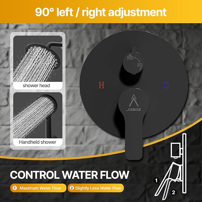 Shower Faucet Set 10IN Brass Rough-In Valve Body Trim Kit Rainfall Included Handle Accessories Complete 2 Functions with Rain Head and Handheld Bathroom Systems (10'', Matte Black)