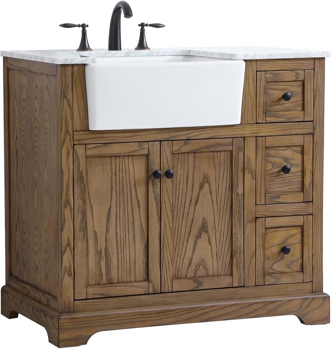 36" Pre-Assembled Bathroom Vanity with Sink, Solid Birch and MDF, Carrara White Marble Countertop Attached, Single Rectangle Porcelain Sink, 3 Soft-Close Drawers, Driftwood