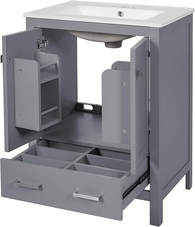 Favfurish 48" Bathroom Vanity with Ceramic Double Sink, Undermount Double Basin Vanity Set w/2 Divided Drawers and 4 Double-Layer Soft Close Doors & Built-in Shelf, Freestanding Storage Cabinet,Gray
