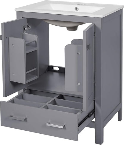 Favfurish 48" Bathroom Vanity with Ceramic Double Sink, Undermount Double Basin Vanity Set w/2 Divided Drawers and 4 Double-Layer Soft Close Doors & Built-in Shelf, Freestanding Storage Cabinet,Gray
