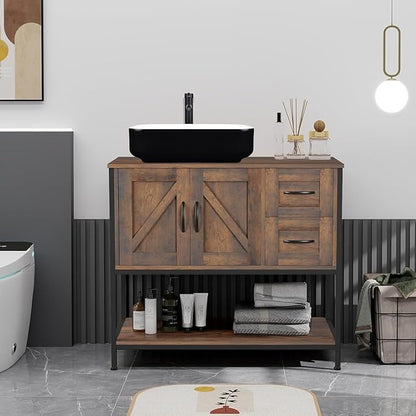 YOURLITE Bathroom Vanity, 36" Bathroom Vanity with Sink Combo Set, Rustic Farmhouse Modern Bathroom Cabinet with White and Black Ceramic Vessel Sink
