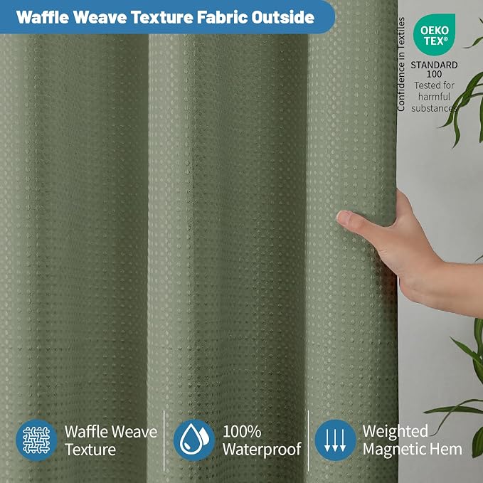 2-in-1 Waterproof Fabric Shower Curtain - No Separate Liner Needed, Hotel-Style Waffle Weave, Effortless Cleaning & Washable Bathroom Shower Curtain Set,72Wx84H,SageGreen