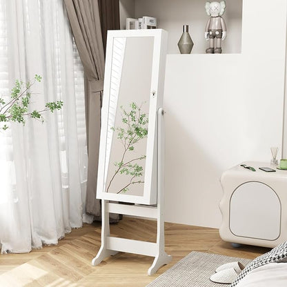 Giantex Standing Jewelry Armoire, Lockable Jewelry Cabinet with Full Length Mirror, LED Lights, 4 Tilt Angle Adjustable, Mirror with Jewelry Storage, Standing Jewelry Organizer with Drawers, White