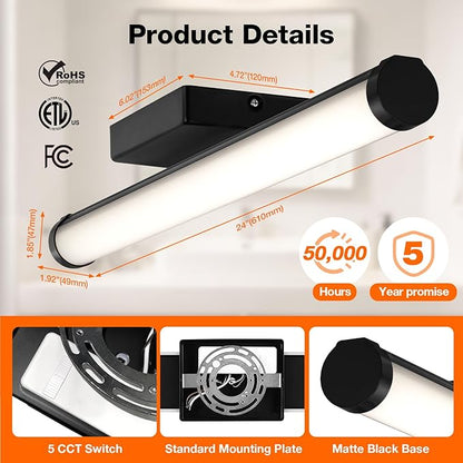 LEDVANCE Sylvania 24" Modern Vanity Lights for Bathroom, 22W, 5 Temperature Select (2700K/3000K/3500K/4000K/6000K), Dimmable, Round Shape, Black, with Accessories - 1 Pack (66557)