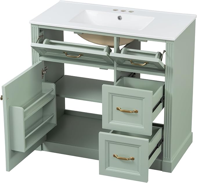 36" Bathroom Vanity with Ceramic Sink,Modern Freestanding Storage Cabinet w/Soft-Close Door and 2 Tip-Out & 2 Drawers,Undermount Single Basin Bath Vanity Set w/Adjustable Shelf,Green