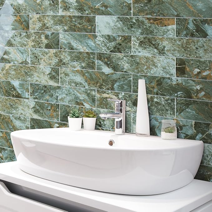 AULIGET 40-Piece Polished Green Marble with Gold Peel and Stick Backsplash Wall Tiles, 3" x 12" PVC Faux Stone Stick on Tiles for Backsplash Kitchen, Bathroom, Laundry Room, Camper, Fireplace