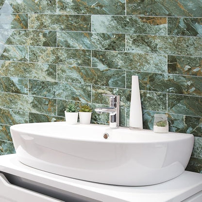 AULIGET 40-Piece Polished Green Marble with Gold Peel and Stick Backsplash Wall Tiles, 3" x 12" PVC Faux Stone Stick on Tiles for Backsplash Kitchen, Bathroom, Laundry Room, Camper, Fireplace