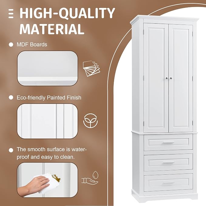 Merax 70" Pantry Cabinet with Two Doors & Three Drawer, Adjustable Shelves Storage Cupboard for Kitchen/Dining Room/Bathroom, White