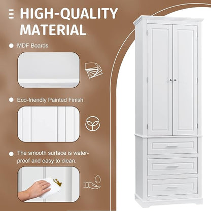 Merax 70" Pantry Cabinet with Two Doors & Three Drawer, Adjustable Shelves Storage Cupboard for Kitchen/Dining Room/Bathroom, White