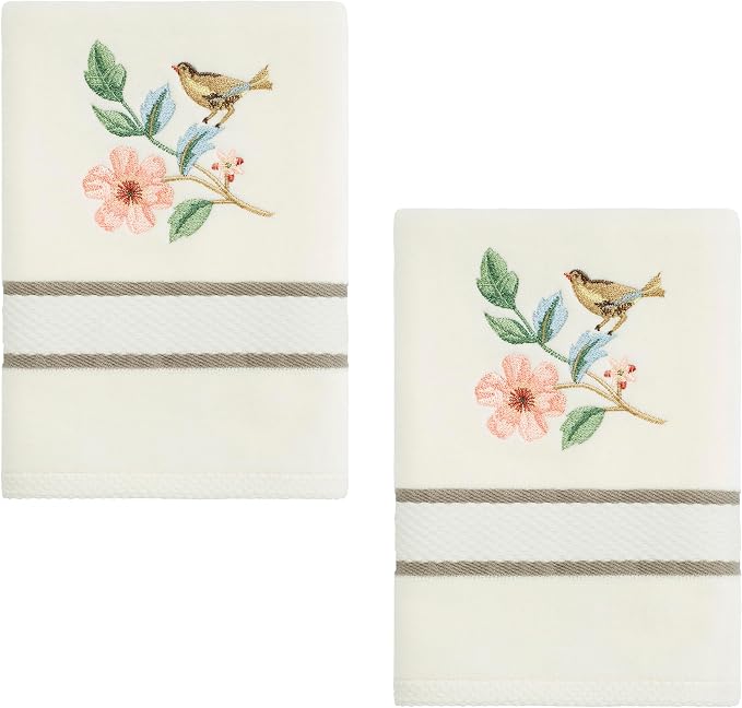 Avanti Linens – Hand Towels, Ringspun Cotton Velour with Embroidered Bird & Floral Design and Striped Border, Set of 2 (Pretty Birds)