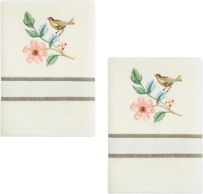 Avanti Linens – Hand Towels, Ringspun Cotton Velour with Embroidered Bird & Floral Design and Striped Border, Set of 2 (Pretty Birds)