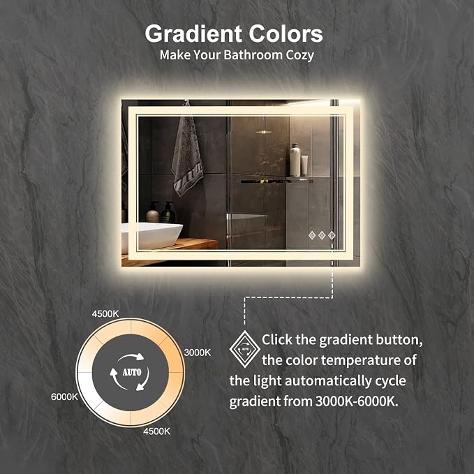 Lighted Bathroom Mirror, 40x30 Inch Gradient Front and Backlit LED Bathroom Mirror, 3 Colors Dimmable CRI>90 Double Lights, Enhanced Anti-Fog, Hanging Plates Wall Mount LED Mirror
