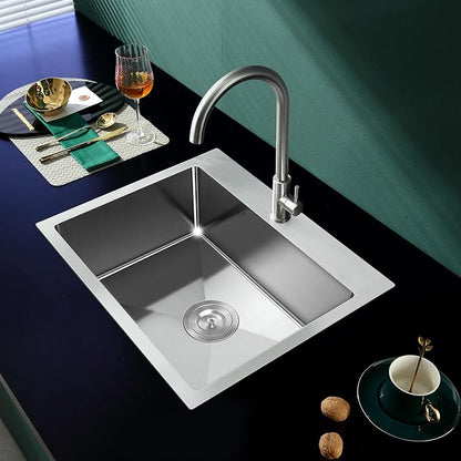 23" Drop-In Single Bowl Kitchen Sink 18 Gauge 304 Stainless Steel | 23"x18" Drop in Sink | 18 ga 304 SS Handmade | 1-hole | 9" deep | Single bowl | Brushed | Topmount