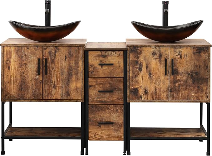 UEV Rustic Brown 60" Double Bathroom Vanity with Sink Combo,Industrial Iron Frame 2 Main Bathroom Vanity with Middle 3 Drawers Cabinet,Modern Brown Boat Tempered Glass Vessel Sink(029BR)