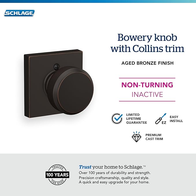 Schlage F170 BWE 716 COL Broadway Lever with Collins Trim Non-Turning Dummy Door Handle, Aged Bronze