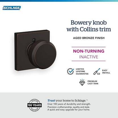 Schlage F170 BWE 716 COL Broadway Lever with Collins Trim Non-Turning Dummy Door Handle, Aged Bronze