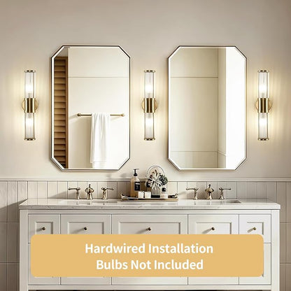 Modern Brushed Brass Vanity Light Fixture 1 Pack, Dual Glass Rods Wall Sconce for Bathroom, Double Light Socket E12 Candelabra Base, Mirror Vanity Lighting (Bulbs Not Included)
