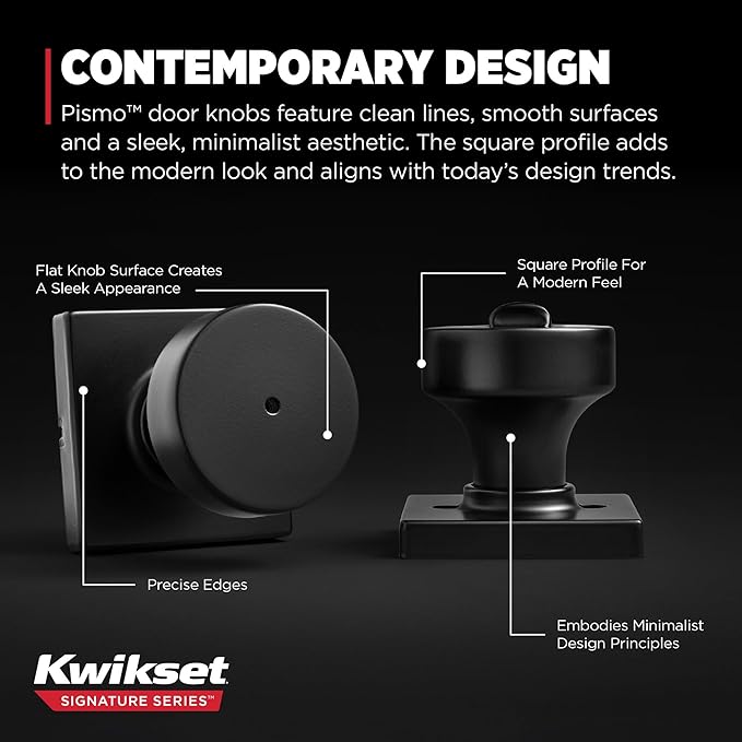 Kwikset Pismo Interior Privacy Door Knob with Lock, Door Handle for Bathroom and Bedroom, Matte Black Keyless Turn Lock Doorknob, with Microban Protection (Pack of 4)