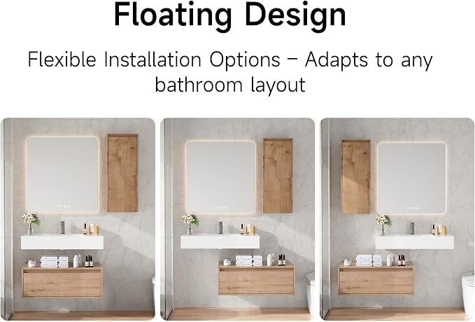 30 Inch Floating Bathroom Vanity with Sink, Modern Wall-Mounted Bathroom Cabinet with Resin Sink & Soft Close Drawer, Split-Level Layout (Nature Oak, 30"+1 Side Cabinet)