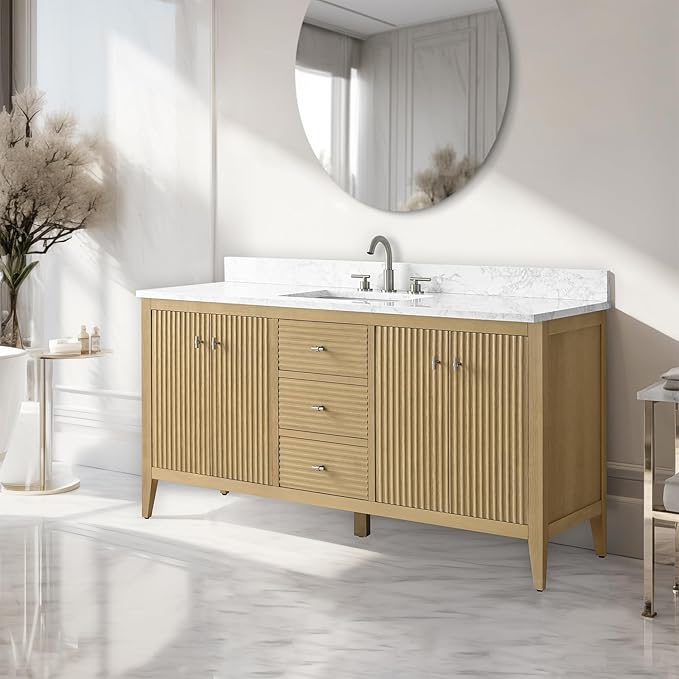Vanity Art 60 inch Oak Bathroom Vanity with Single Sink & Ceramic Top, Vanity Cabinet with Soft-Closing Door, Solid Wood Frame, Linear Pattern, Natural Oak, VA9160-SNO-MB,Matte Black Handles