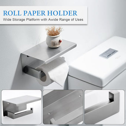 Brushed Nickel Bathroom Towel Bar Set Bathroom Accessories Hardware Set Including Double Towel Bar Towel Ring Coat Hook and Toilet Paper Holder with Shelf. Wall Mounted Stainless Steel