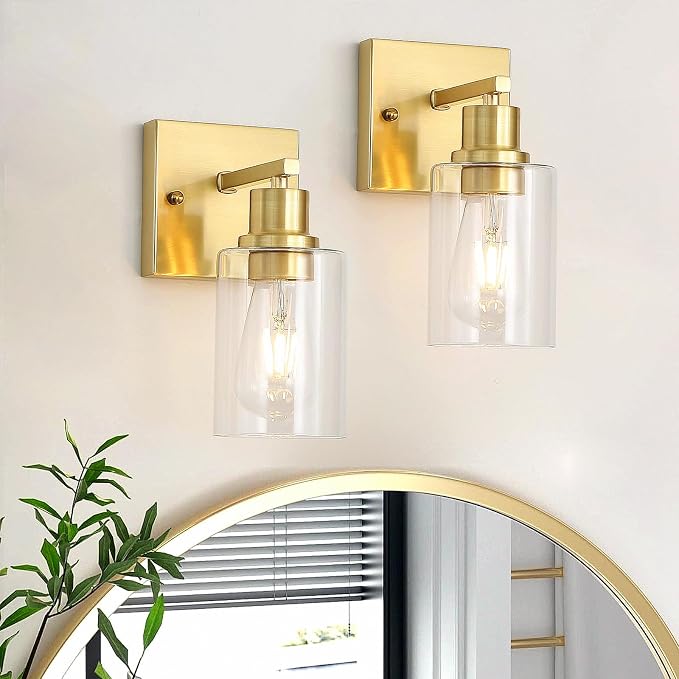 Living Room Wall Light fixtures 2 Pack, Brushed Gold Vanity Lights with Glass Shade, Farmhouse Modern Wall sconces for Gallery ，Mirror,Bedroom,Bathroom